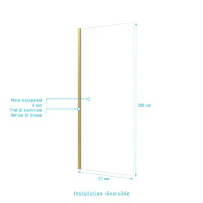 Paroi de douche à l'italienne 90x200 cm profilé or verre transparent 8 mm Parma - AURLANE
