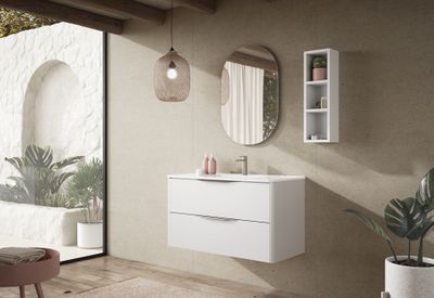 Meuble de salle de bains 2 tiroirs L100 x H60 x P45 cm mélaminé blanc avec plan vasque céramique Mirabo
