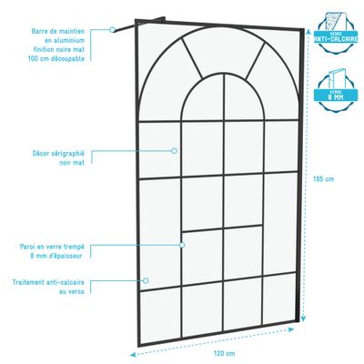 Paroi de douche à l'italienne 120x195 cm profilé noir verre transparent 8 mm Garden - AURLANE