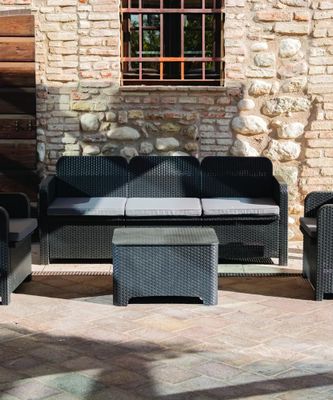 Salon de jardin VESUVIO aluminium noir résine 5 places avec coffre et coussins - GRANDSOLEIL