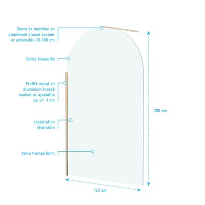 Paroi de douche à l'italienne 120x200 cm profilé or verre transparent 6 mm Arcade - AURLANE