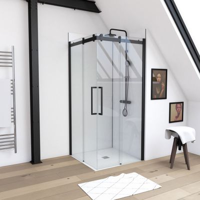 Accès d'angle coulissant 90x90x200 cm profilé noir verre transparent 5 mm Rolling - AURLANE