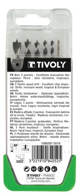 Mèches bois 3 pointes graduées diamètre de 3 à 8 mm par 5 TIVOLY