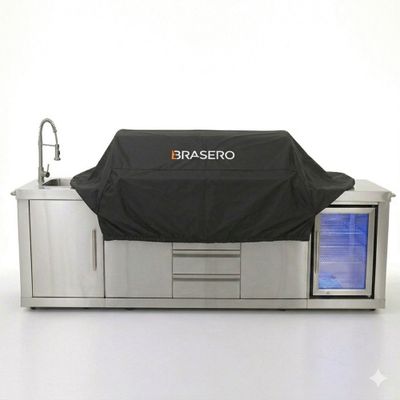 Cuisine d'extérieure inox avec évier, réfrigérateur, plan de travail, plancha et barbecue BRASERO