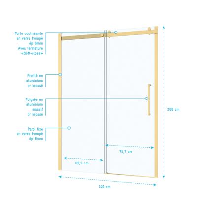 Porte de douche coulissante 140x200 cm profilé or verre transparent 6 mm Rolling - AURLANE
