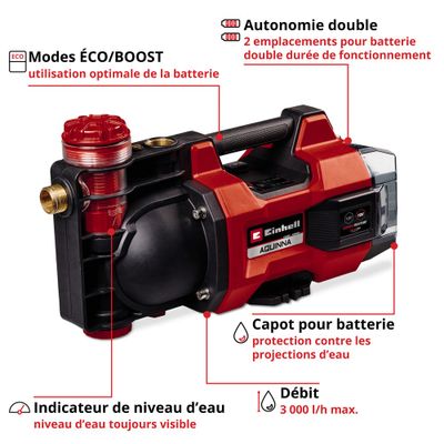 Pompe de surface eau claire à batterie 18V Aquinna 18/30 Led avec Starter Kit EINHELL