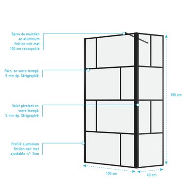 Paroi de douche à l'italienne avec déflecteur 100+40x195 cm profilé noir verre transparent 5 mm Bricks - AURLANE
