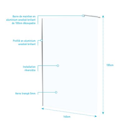 Paroi de douche à l'italienne 140x195 cm profilé chrome verre transparent 5 mm Essentiel - AURLANE