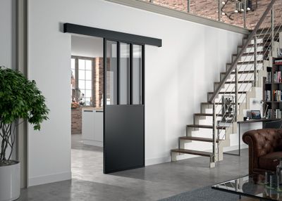 Porte coulissante noire style Atelier vitrage clair largeur 93 cm OPTIMUM