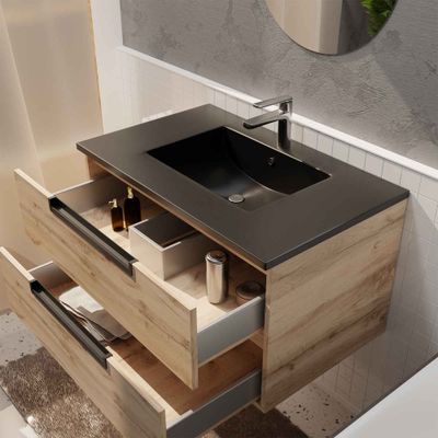 Meuble de salle de bains Loft 2 tiroirs 60 x 50 x 45 cm MDF chêne naturel + vasque céramique noire - AURLANE