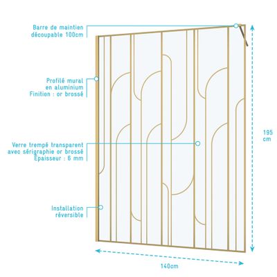 Paroi de douche à l'italienne 140x195 cm profilé or verre sérigraphié 6 mm Art Deco - AURLANE