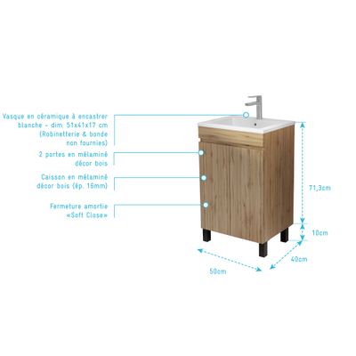 Meuble de salle de bains Timber 2 portes 50 x 81 x 40 cm MDF chêne vasque blanche - AURLANE