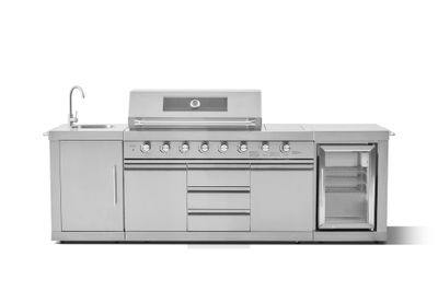 Cuisine d'extérieure ATHENES inox avec évier, réfrigérateur, plan de travail et barbecue - BRASERO