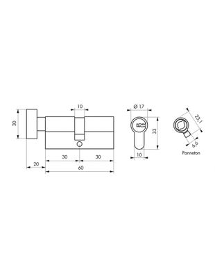 Cylindre de serrure à bouton 30 x 30 mm Trafic 6 haute sécurité nickelé satiné 5 clés THIRARD
