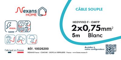 Câble électrique H03VVH2-F 2 x 0,75 mm² souple plat intérieur 5 m blanc - NEXANS