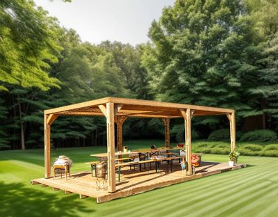 Pergola autoportante en bois traité thermachauffé avec ventelles mobiles sur toit L 6,14 x l 3,41 x h 2,17 m, Livraison à domicile incluse - HABRITA