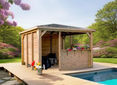 Abri de jardin pool house BLUETERM en bois traité avec comptoir  12,31 m², Livraison à domicile incluse - HABRITA