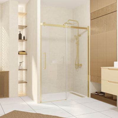 Porte de douche coulissante 140x200 cm profilé or verre transparent 6 mm Rolling - AURLANE