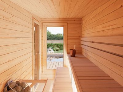 Sauna extérieur Palmako Sanna 6 places baie coulissante double vitrage -  18,3 m² - PALMAKO
