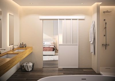 Porte coulissante aluminium blanc style Atelier vitrage dépoli blanc largeur 73 cm OPTIMUM