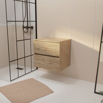 Meuble de salle de bains suspendu 2 tiroirs + plan de travail 60 cm chêne naturel Timber - AURLANE