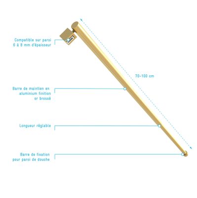 Barre de fixation murale or extensible 70-100 cm paroi de douche à l'italienne AURLANE