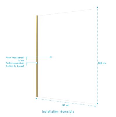 Paroi de douche à l'italienne 140x200 cm profilé or verre transparent 8 mm Parma - AURLANE