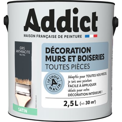 Peinture décoration Murs et Boiseries SATIN 2,5 L Gris Anthracite - ADDICT