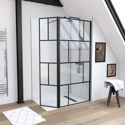 Paroi de douche à l'italienne avec déflecteur 90+40x195 cm profilé noir verre transparent 5 mm Bricks - AURLANE