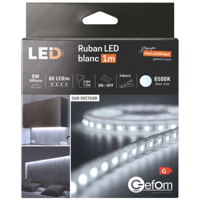 Ruban LED 1m prêt à l'emploi blanc froid avec interrupteur 6W 12V GEFOM