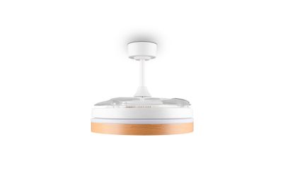 Ventilateur de plafond à pales rétractables LED + télécommande Blanc/bois Ø106cm - Volda REALITY
