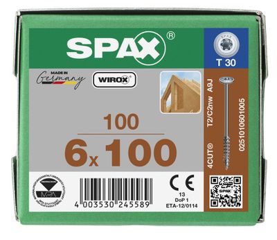 Vis tête disque Torx 6 x 100 mm par 100 SPAX