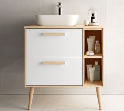 Meuble de salle de bains Malmoe 2 tiroirs 2 niches L80 x H85 x P45 cm bois mélaminé blanc et bois - EGORE