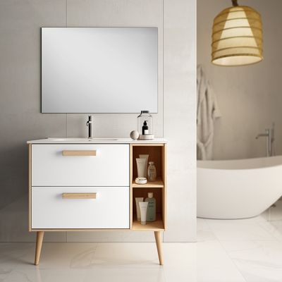 Meuble de salle de bains Malmoe 2 tiroirs 2 niches L80 x H85 x P45 cm bois mélaminé blanc et bois - EGORE