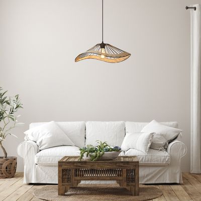 Suspension E27 60W Ø48 cm métal noir et rotin tressé - Mekong COREP