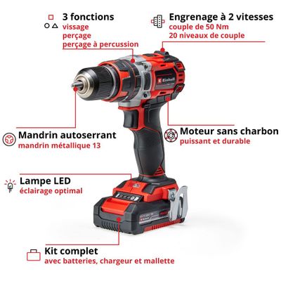 Perceuse à percussion sans fil 18 V POWER X CHANGE TE-CD 18/50 Li-i (Brushless, 2 batteries) - EINHELL