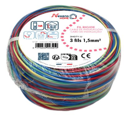 Fils électriques H07V-U 1,5 mm² rigides bleu, rouge et vert/jaune 10 m par 3 - Speedfil NEXANS