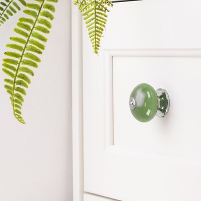 Bouton de meuble rond porcelaine acier vert olive diamètre 40 mm REI