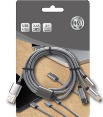 Câble chargeur USB 3 en 1 universel 1m