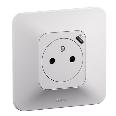 Prise électrique encastrable affleurante avec terre + USB-C Blanc - Neptune LEGRAND