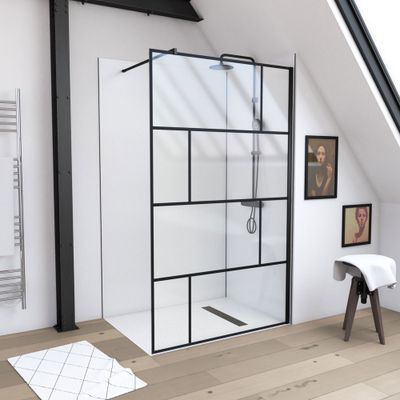 Paroi de douche à l'italienne 120x195 cm profilé noir verre transparent 5 mm Bricks - AURLANE