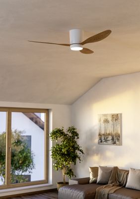 Ventilateur de plafond silencieux avec lumière LED + télécommande Blanc/bois Ø132cm - Baracarès EGLO