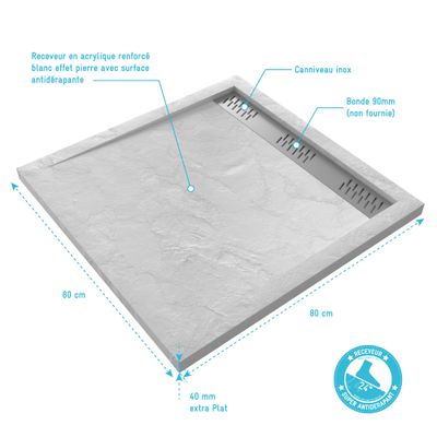 Receveur de douche 80x80 cm acrylique blanc Pedra - AURLANE