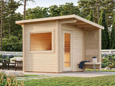 Sauna extérieur Palmako Sanna en bois naturel avec pergola - 8,9 m² - PALMAKO