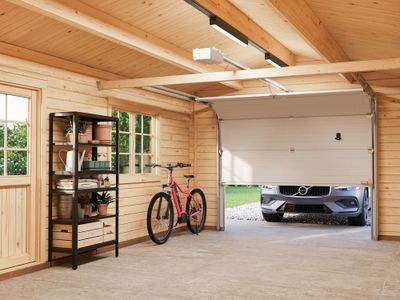 Garage en bois Roger avec porte sectionnelle - ép.44 mm - 37,2 m² hors-tout - Livraison à domicile incluse - PALMAKO