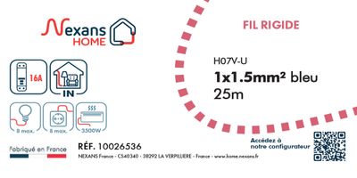 Fil électrique H07V-U 1,5 mm² rigide bleu 25 m - NEXANS