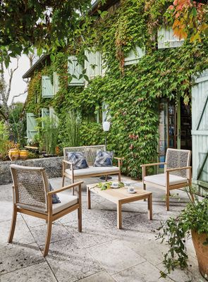 Salon de jardin SEVILLE polyester beige résine tressée 4 places, Livraison à domicile - PROLOISIRS