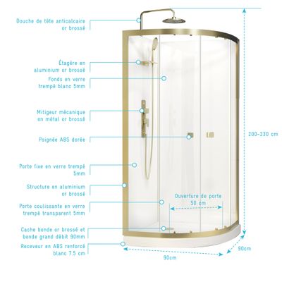 Cabine de douche 1/4 de rond profilé or brossé et receveur blanc 90x90x200 cm Goldy AURLANE