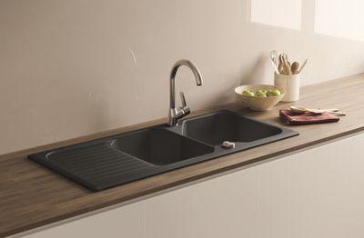 Evier de cuisine grès noir 112x50 cm 2 bacs 1 egouttoir Garrigue - PERLINE