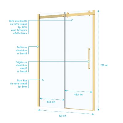 Porte de douche coulissante 120x200 cm profilé or verre transparent 6 mm Rolling - AURLANE